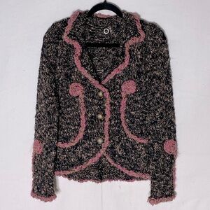 One Girl Who Brown Wool Blend Knit Blazer Cardigan W Pink Trim M Cottagecore